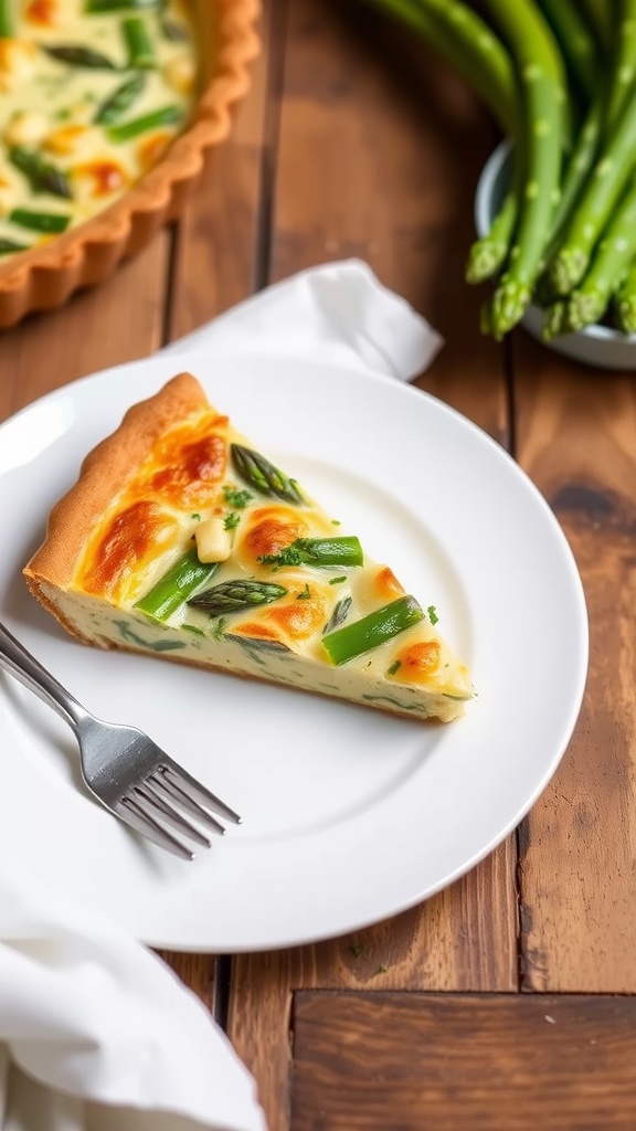 Delicious Crustless Asparagus Quiche Recipe A slice of crustless asparagus quiche garnished with herbs, served on a plate with a fork, on a rustic table.